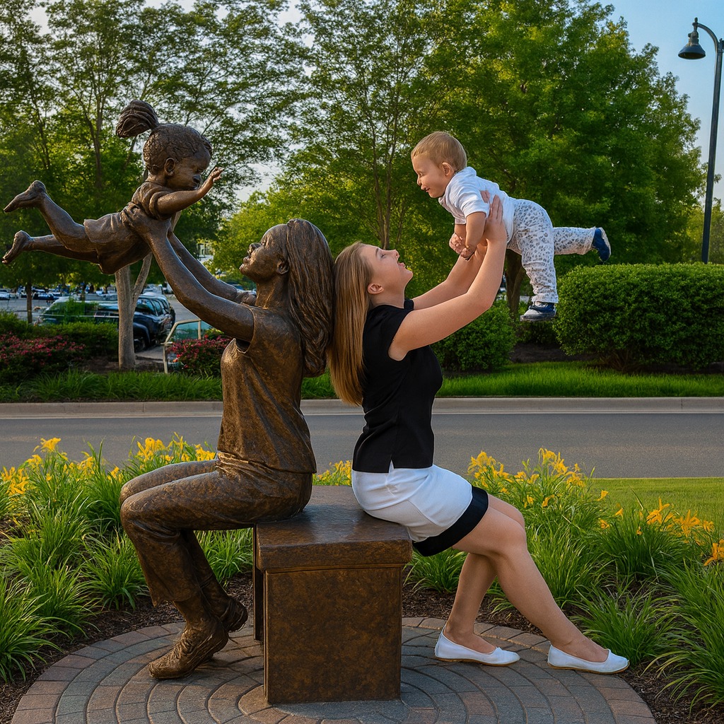 Žena vedľa sochy mamičky drží dieťa vo vzduchu, zelené pozadie s kvetmi a stromami na ulici.