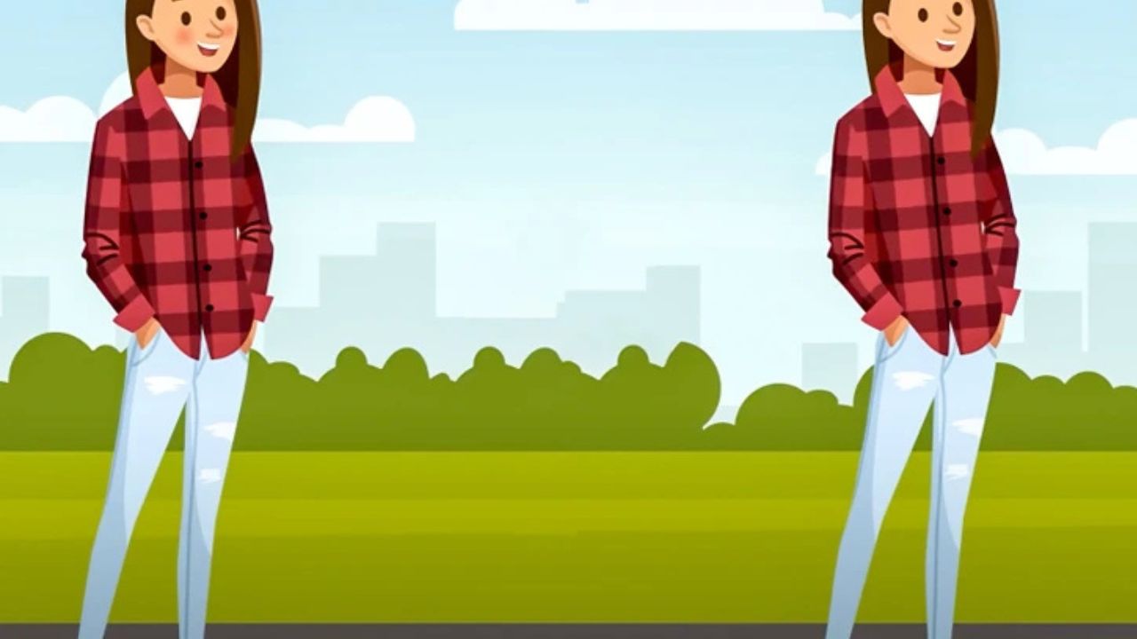 Animovaná postava v károvanej košeli stojí na lúke so stromami a mestom v pozadí.