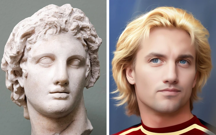 Dva portréty: staroveká kamenná busta vľavo a moderný blond muž vpravo, oba s podobnými rysmi tváre.