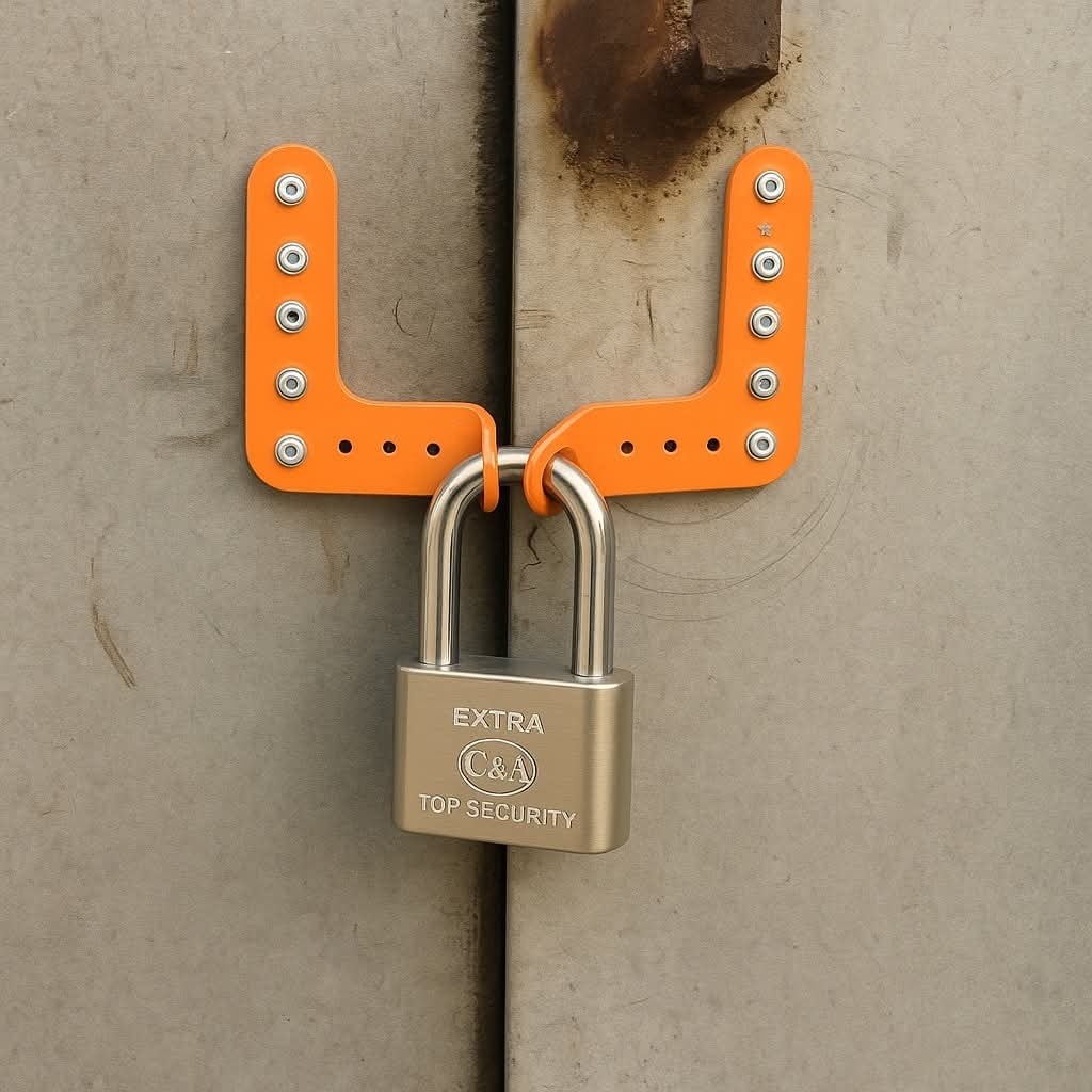 Zámok na šedivých dverách so zabezpečovacím zariadením a oranžovými držiakmi, maximalizujúci bezpečnosť objektu.