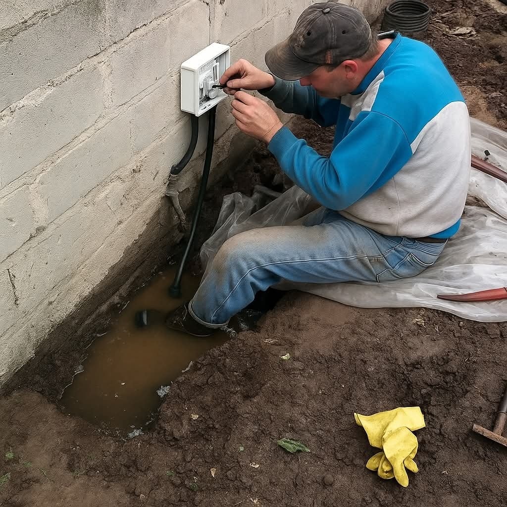 Muž opravuje elektrickú zástrčku pri murive zásuvky v podzemí pod elektrinou vedľa kaluže vody.