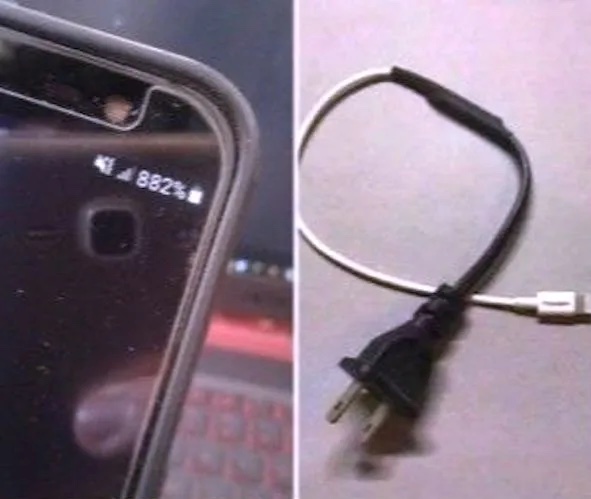 Telefón s nesprávnym indikátorom batérie a kuriózny nabíjací kábel.