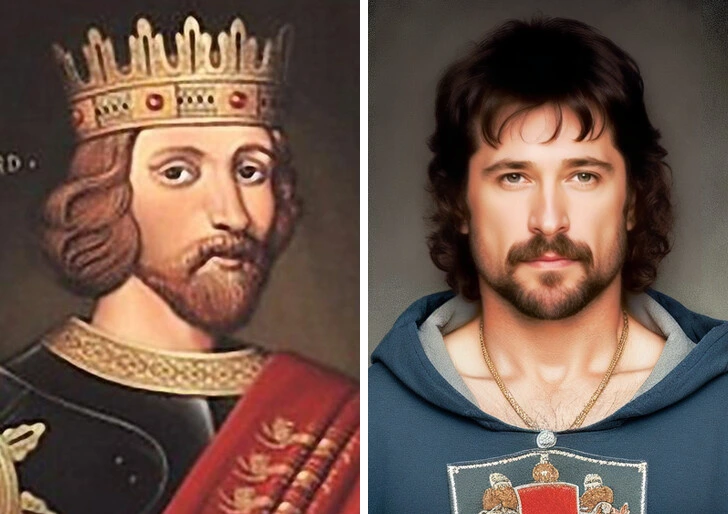 Portrét stredovekého kráľa vedľa súčasnej interpretácie jeho vzhľadu.