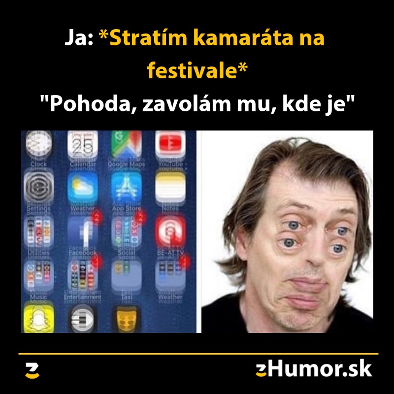 Humorný meme obrázok s textom o strate kamaráta na festivale a zmätenou tvárou.