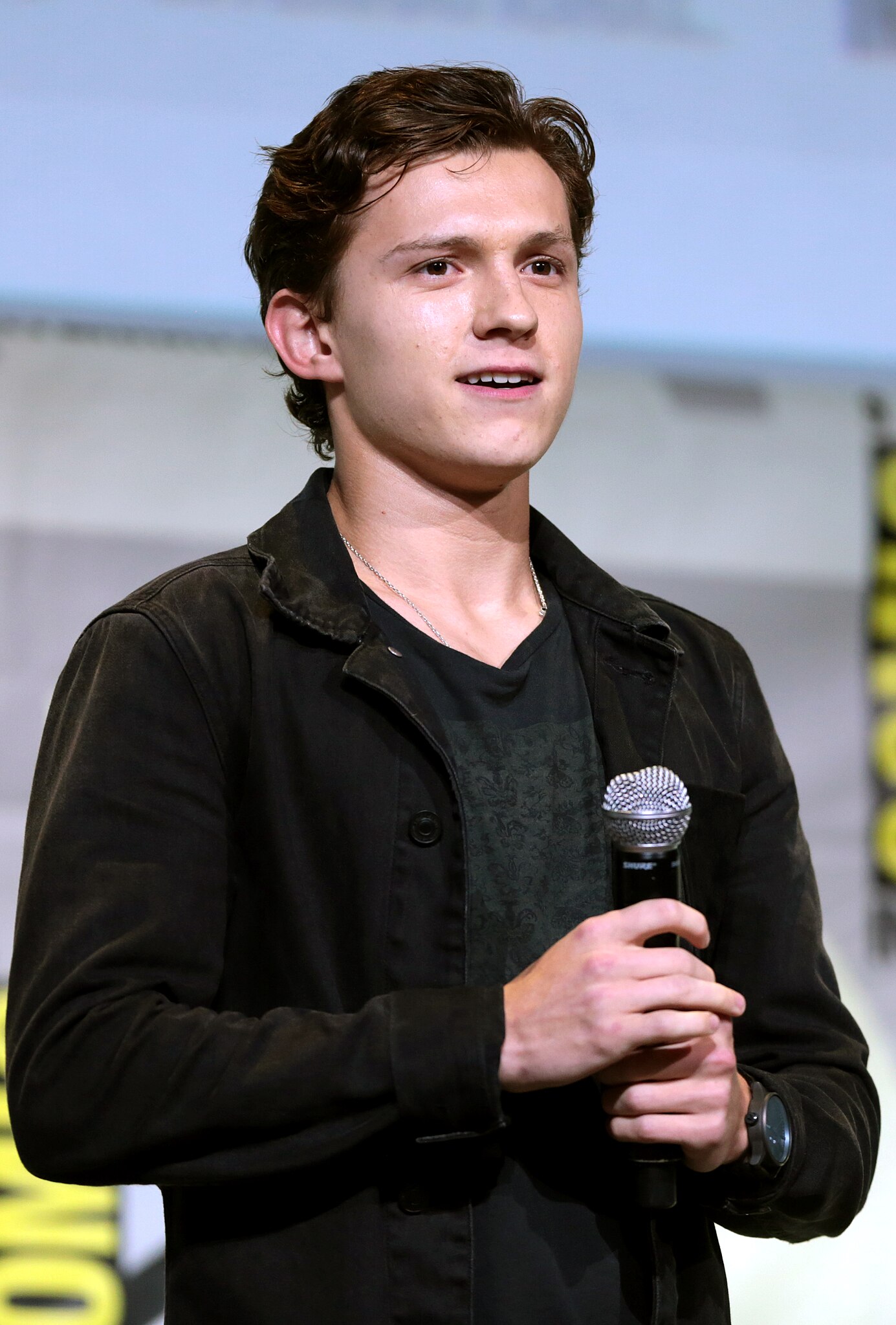 Osoba držiaca mikrofón na pódiu v čiernej bunde, vystupujúca na verejnosti počas prezentácie.