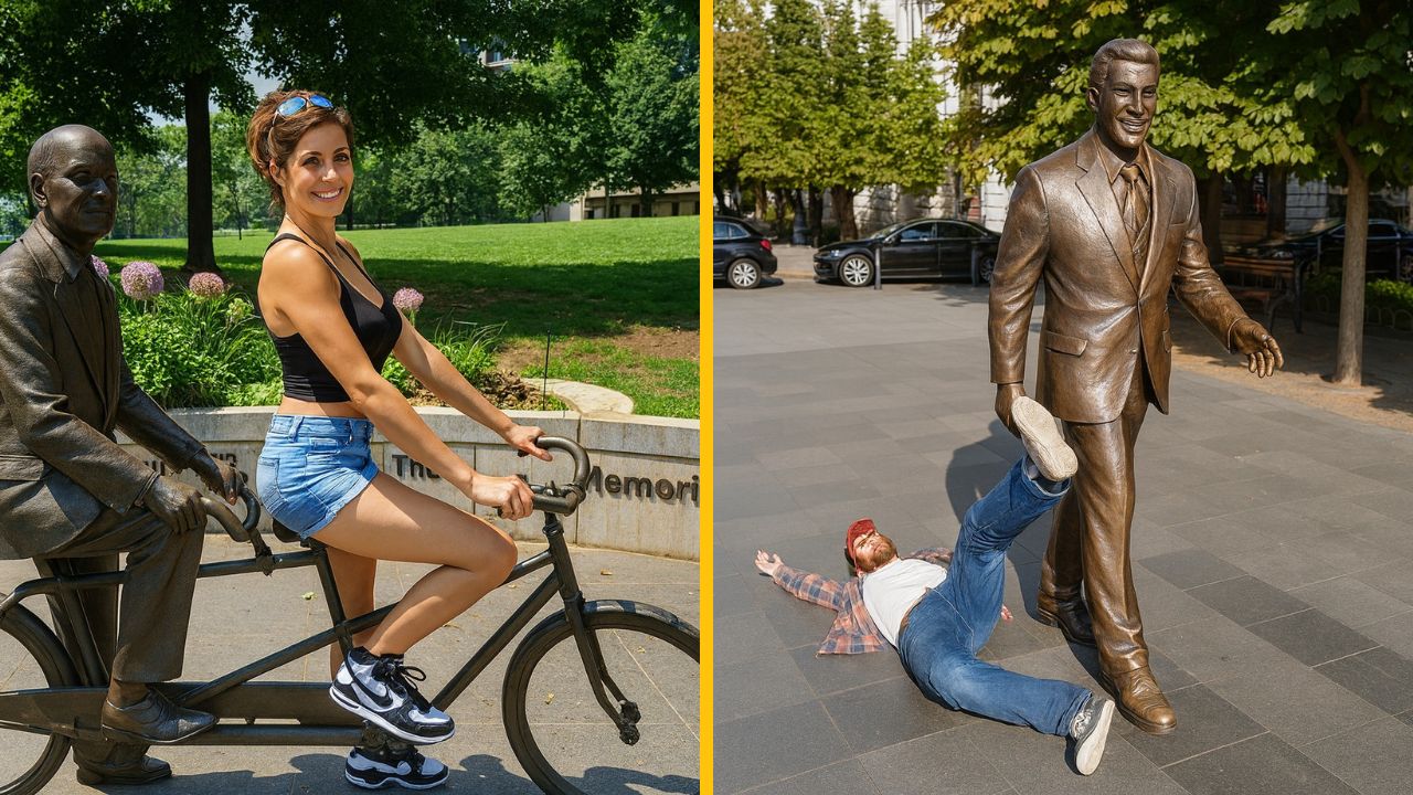 Žena na bicykli so sochou a muž inscenovaný so sochou na námestí v parku.