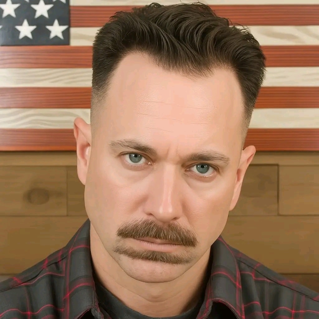 Odhodlaný muž s knírom v košeli, americká vlajka v pozadí.