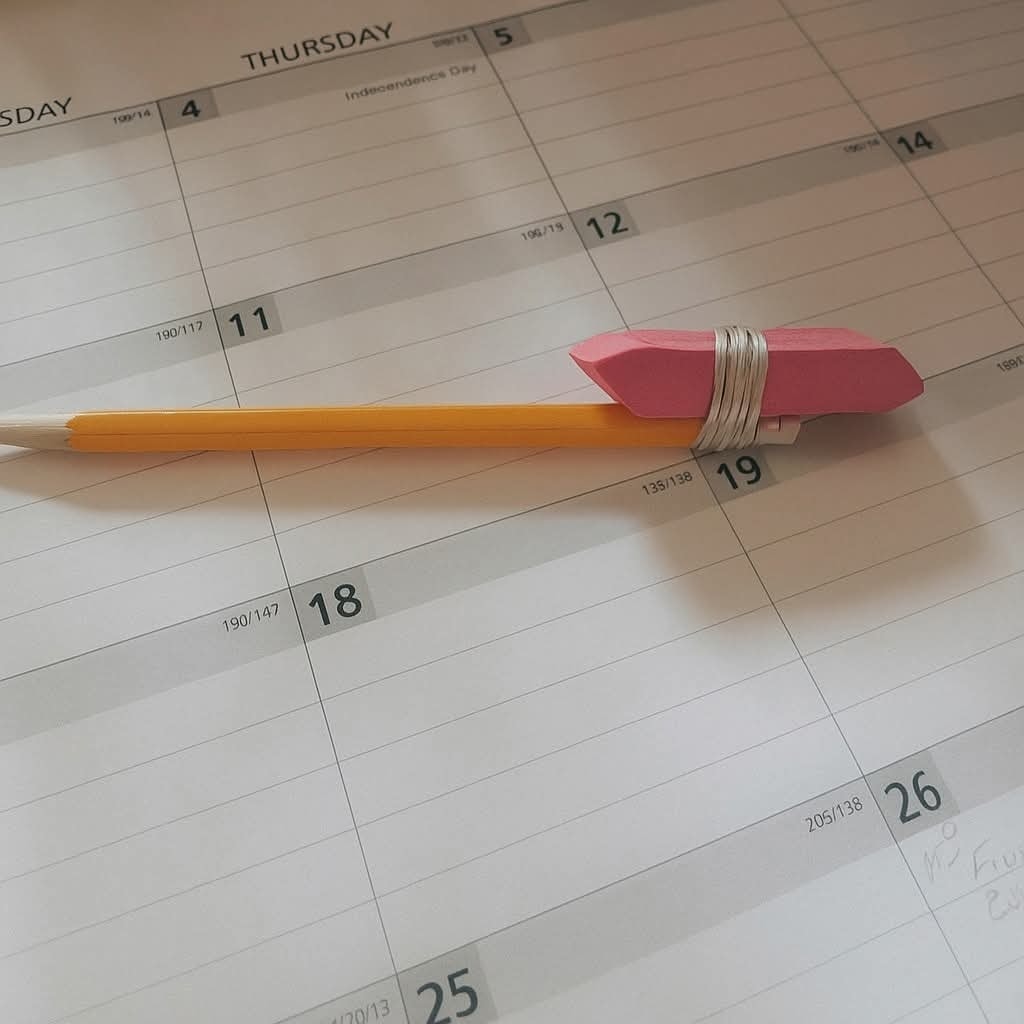 Ceruzka s ružovou gumou leží na otvorenom diári, pripravená na písanie poznámok.