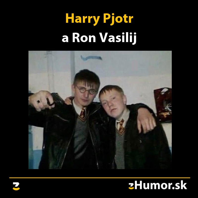 Dve postavy v štýle Harryho Pottera s vtipným popisom.