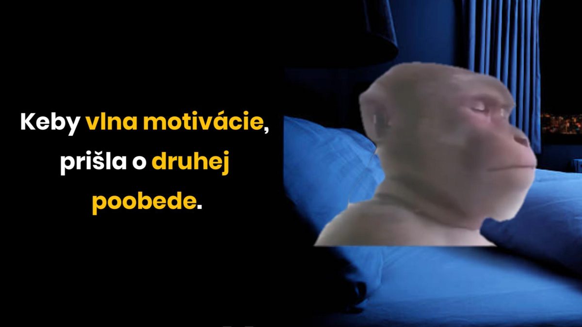 Opica relaxuje na posteli, zatiaľ čo text vyjadruje túžbu po poobednej vlne motivácie.