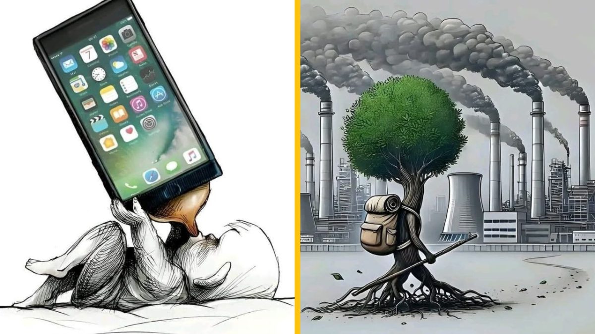 Dieťa so smartfónom namiesto fľaše; strom s batohom uprostred továrenskej krajiny. Technológie vs. ekológia.