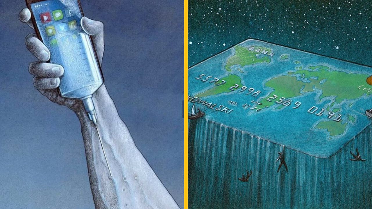 Ilustrácia zobrazuje závislosť od smartfónu a globálny dopad spotreby prostredníctvom kreditnej karty.