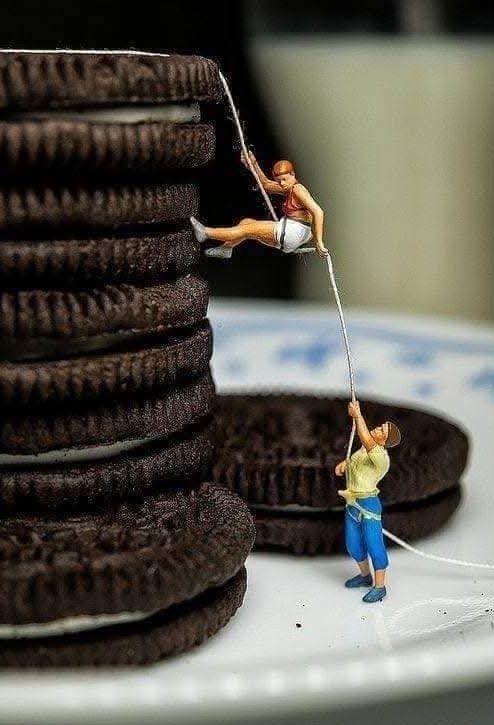 Miniatúrni horolezci zdolávajú obrovské sušienky, ktoré sú naukladané na bielom tanieri.