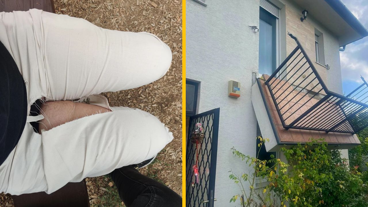 Roztrhané biele nohavice vedľa rozbitej okennej mriežky na dome. Kombinácia nešťastia a zábavy.