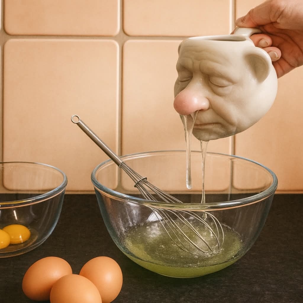 Ťahanie vaječných bielkov do misky pomocou humornej keramickej nádoby v tvare hlavy.