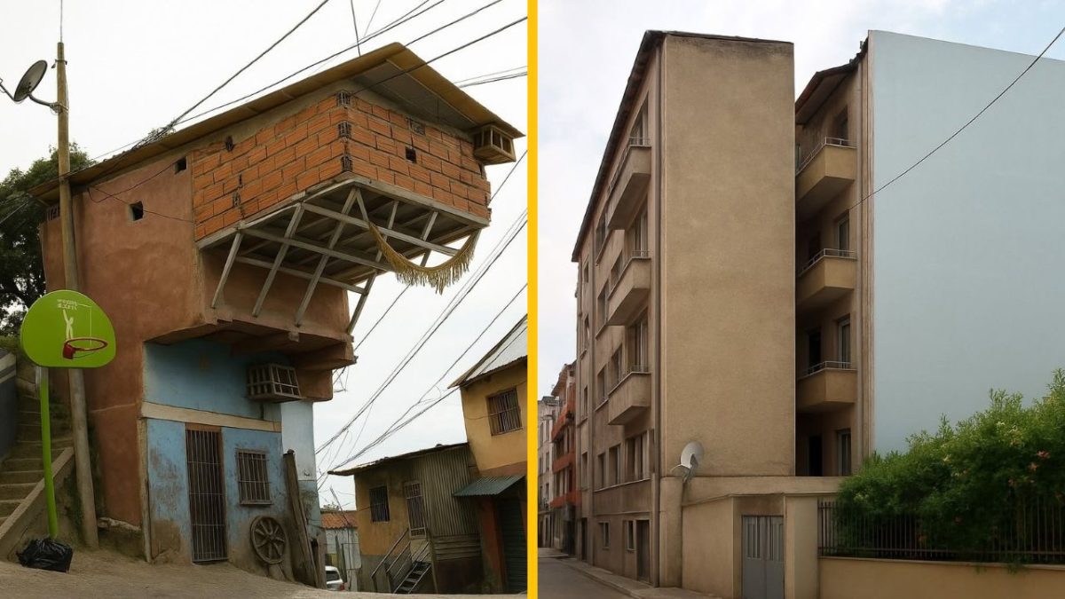 Dve budovy s neobvyklým dizajnom, jedna postavená na drevených podperách a druhá s polovicou bezokennou fasádou.