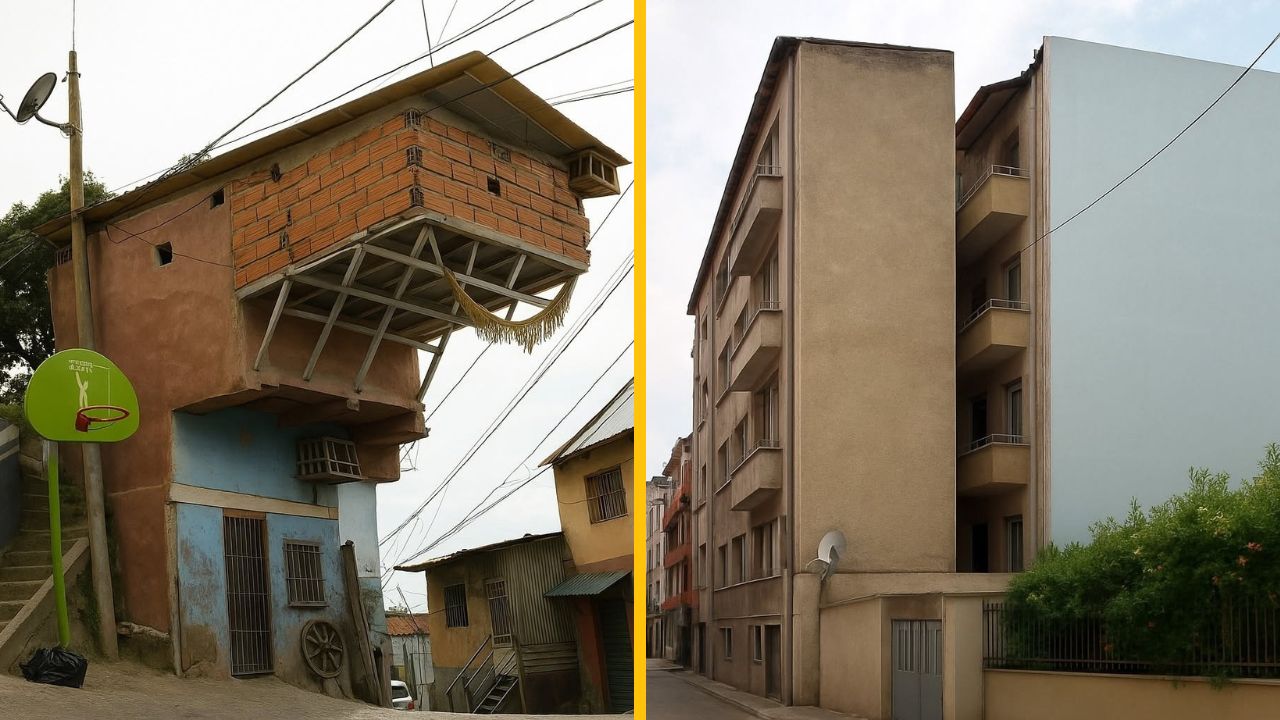 Dve budovy s neobvyklým dizajnom, jedna postavená na drevených podperách a druhá s polovicou bezokennou fasádou.