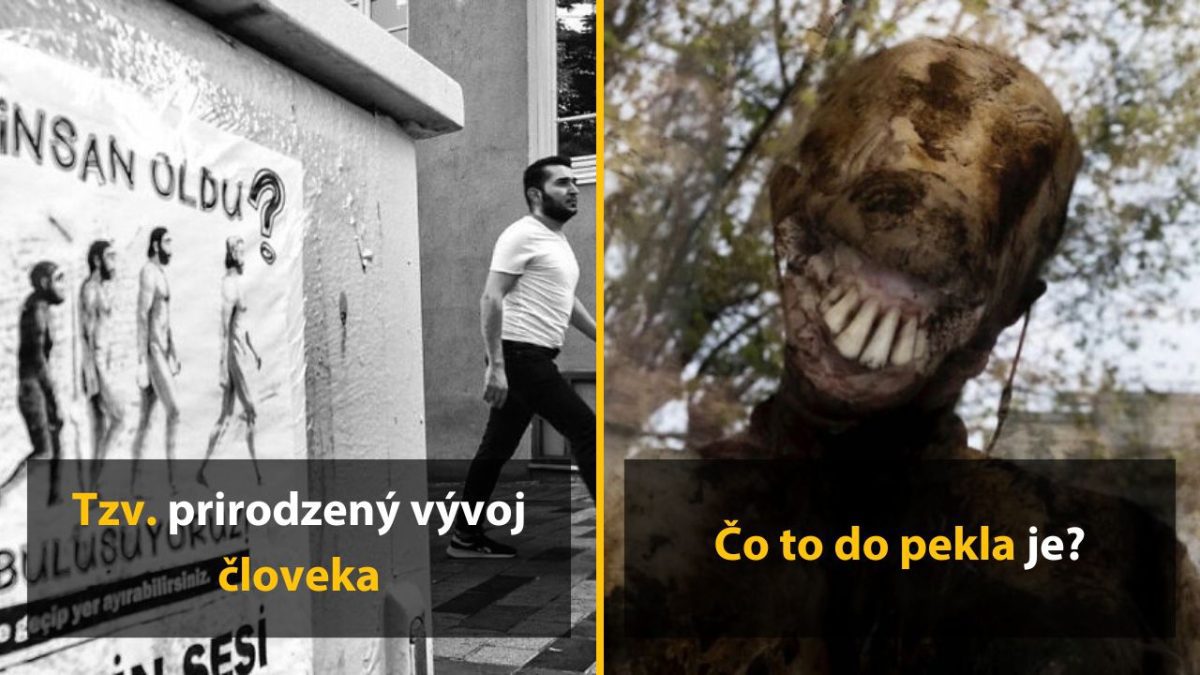 Plagát s evolučným vývojom človeka a desivá postava s otázkou na jej podstatu.