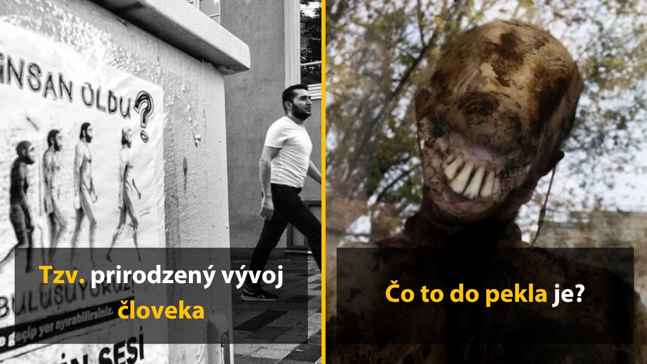 Plagát s evolučným vývojom človeka a desivá postava s otázkou na jej podstatu.