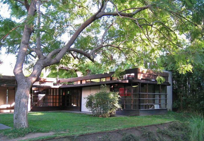 Moderný dom s veľkými oknami, obklopený zeleňou a stromami, v slnečnom prostredí.