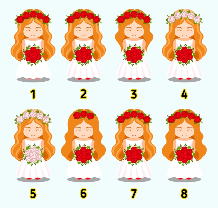 Kreslené nevesty v bielych šatách s rôznymi kyticami a kvetinovými vencami. Čísla 1 až 8 označujú rôzne varianty.