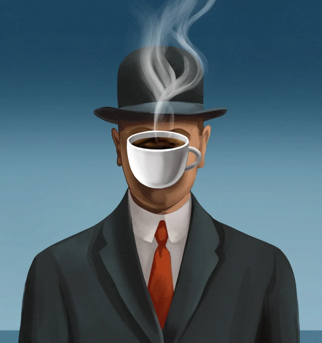 Muž v obleku s hrnčekom kávy namiesto tváre, s vychádzajúcou parou na modrom pozadí.