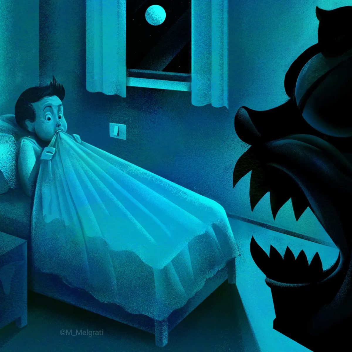 Dieťa vydesene sleduje strašidlo v noci pri mesačnom svetle z postele.