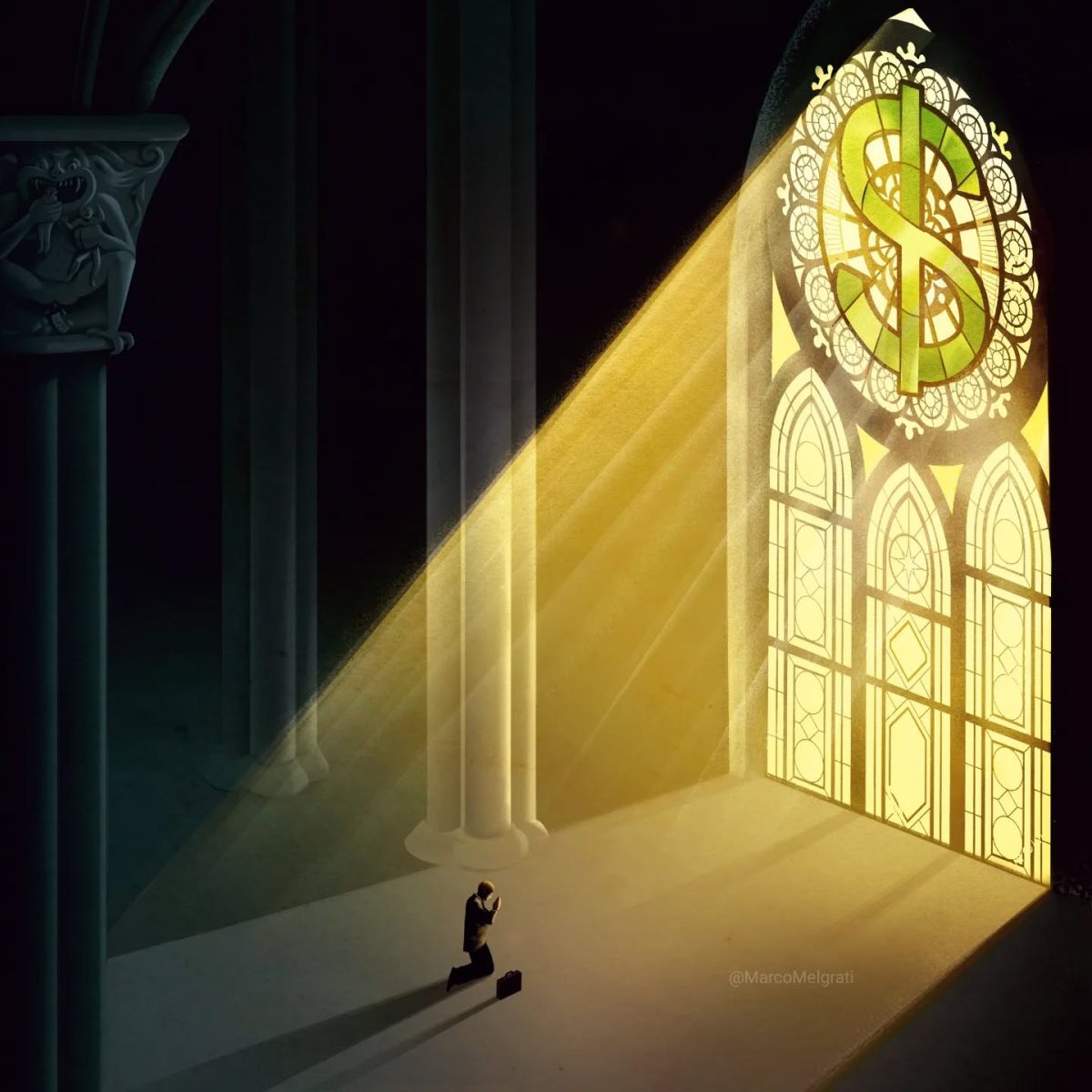 Osoba kľačí pred oknom s vitrážou dolára v gotickej katedrále, osvetlená zlatým svetlom.