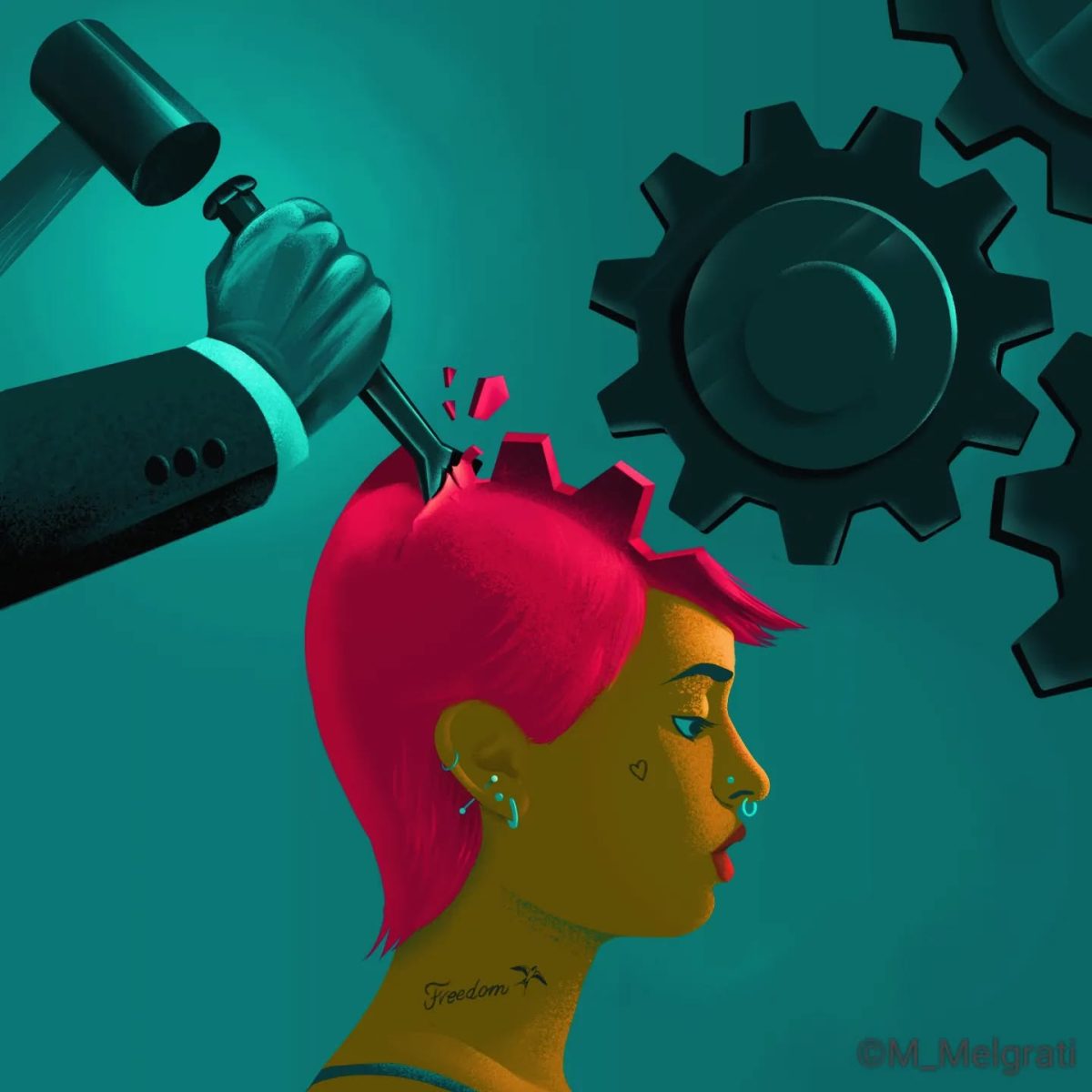 Osoba s ružovými vlasmi tvaru ozubeného kolesa, okolo sú ďalšie prevody; symbolika myslenia a kreativity.