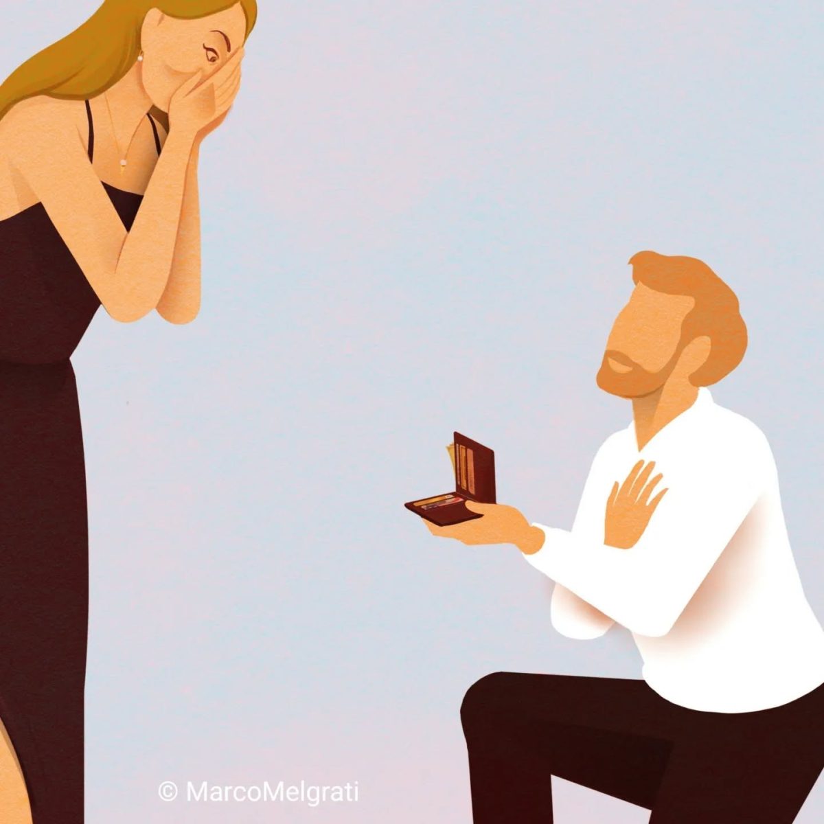 Muž kľačí a žiada ženu o ruku, s otvorenou škatuľkou od prsteňa.