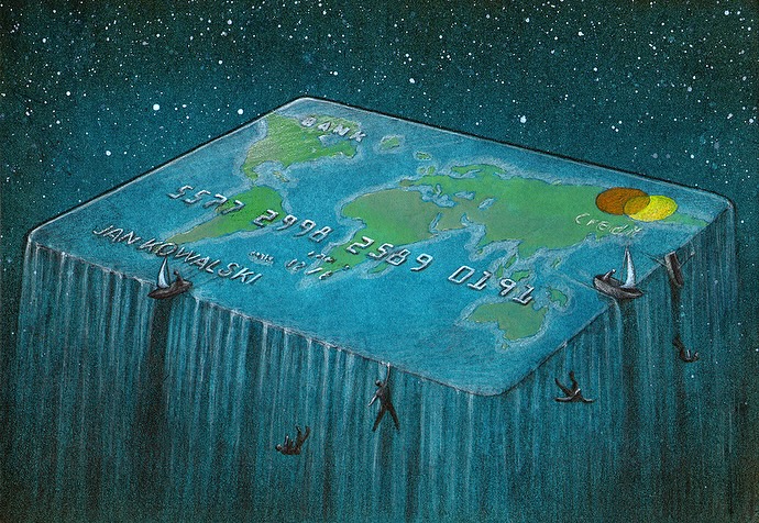 Kreatívna ilustrácia kreditnej karty ako Zeme, symbolizujúca globálnu ekonomiku a vodopád peňazí.
