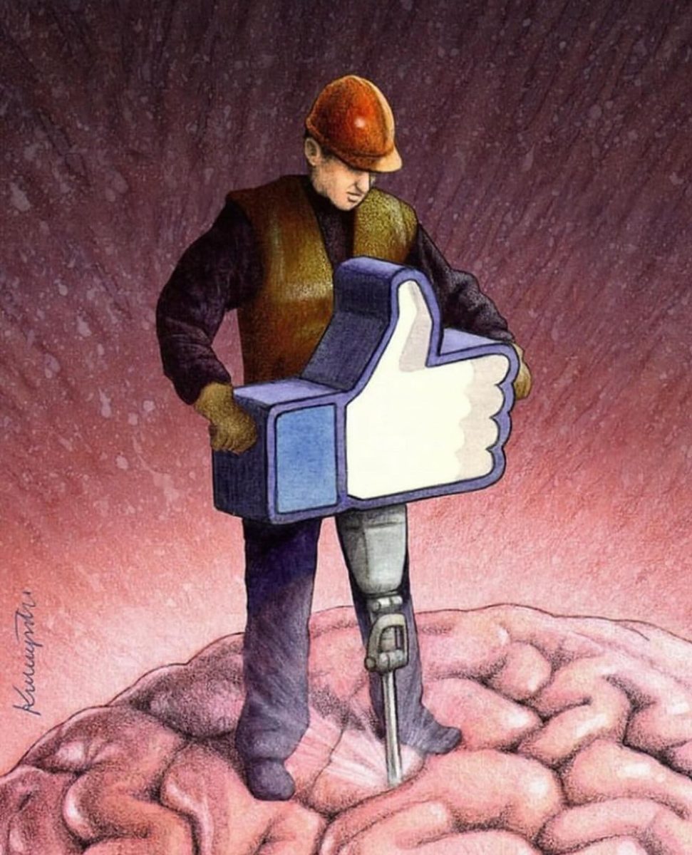 Pracovník s príklepovým kladivom v tvare Like na pozadí mozgu, symbolizuje vplyv sociálnych médií.