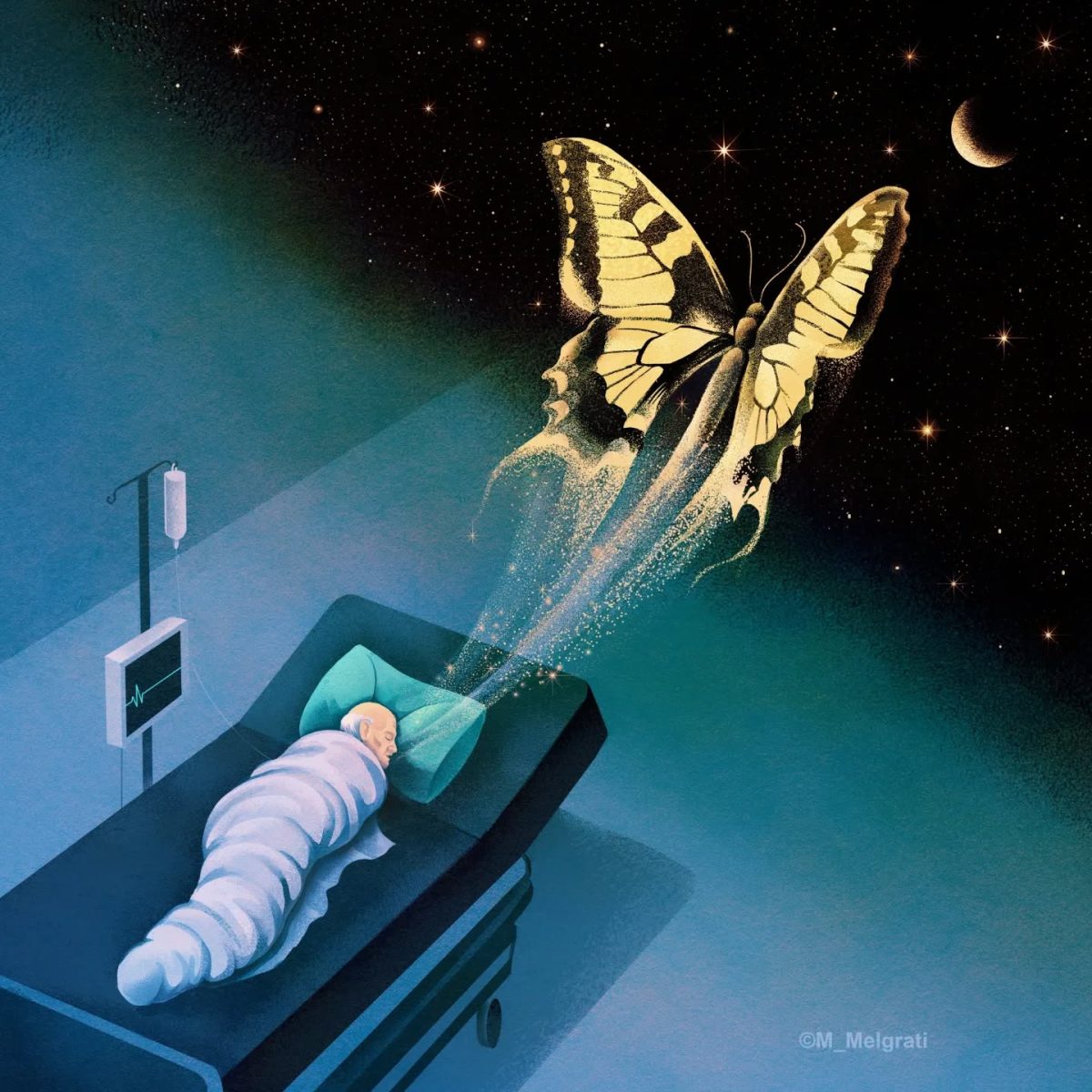 Pacient spiaci v posteli, jeho duch v podobe motýľa odlieta k nočnej oblohe plnej hviezd.