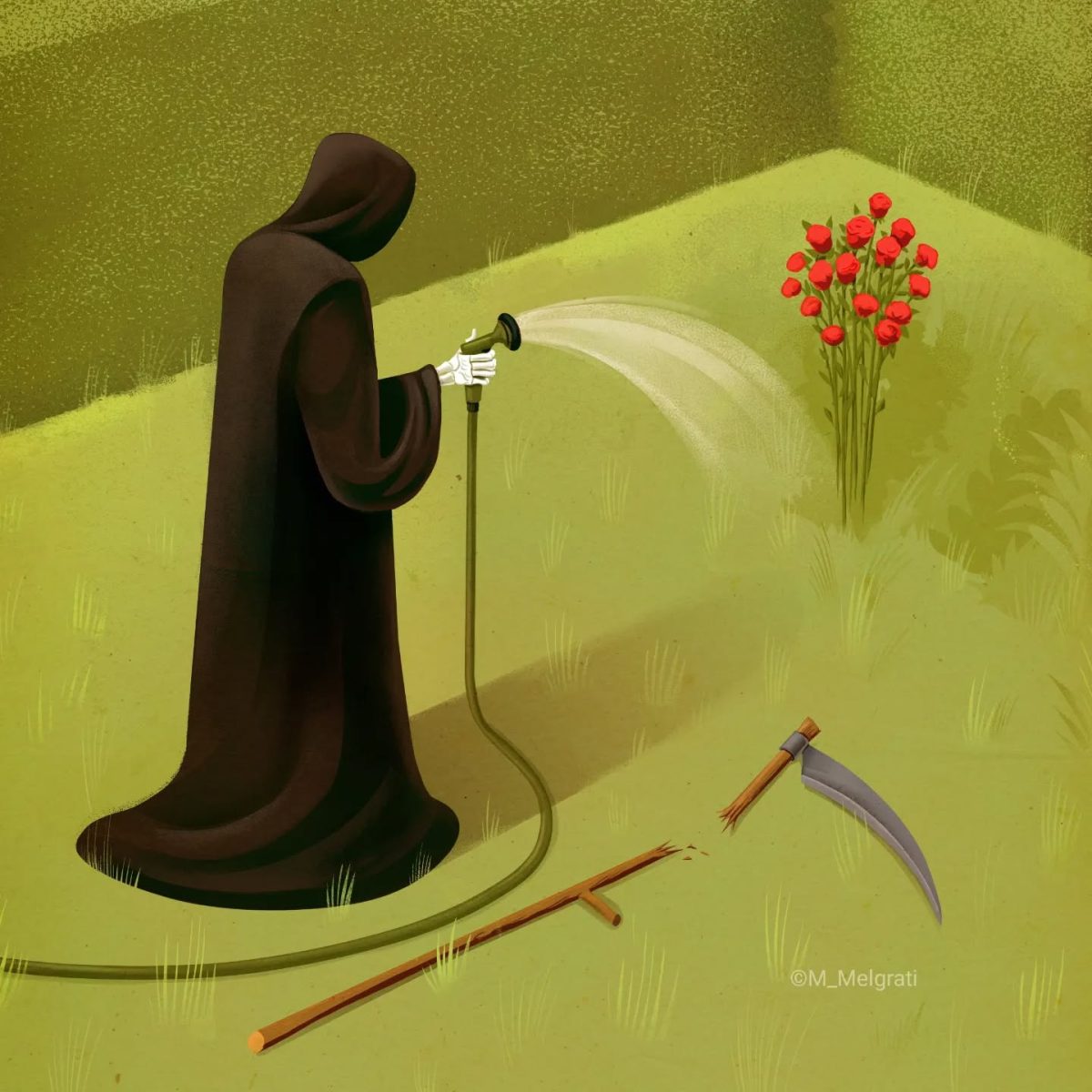 Postava v plášti polieva červené kvety v záhrade; kosu má zlomenú na zemi vedľa seba.