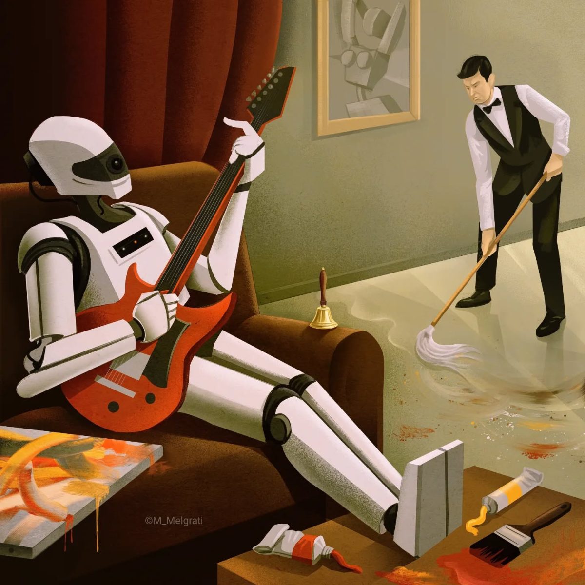 Robot hrá na gitaru, zatiaľ čo sluha upratuje podlahu, moderné umenie na stole a obrazy na stene.