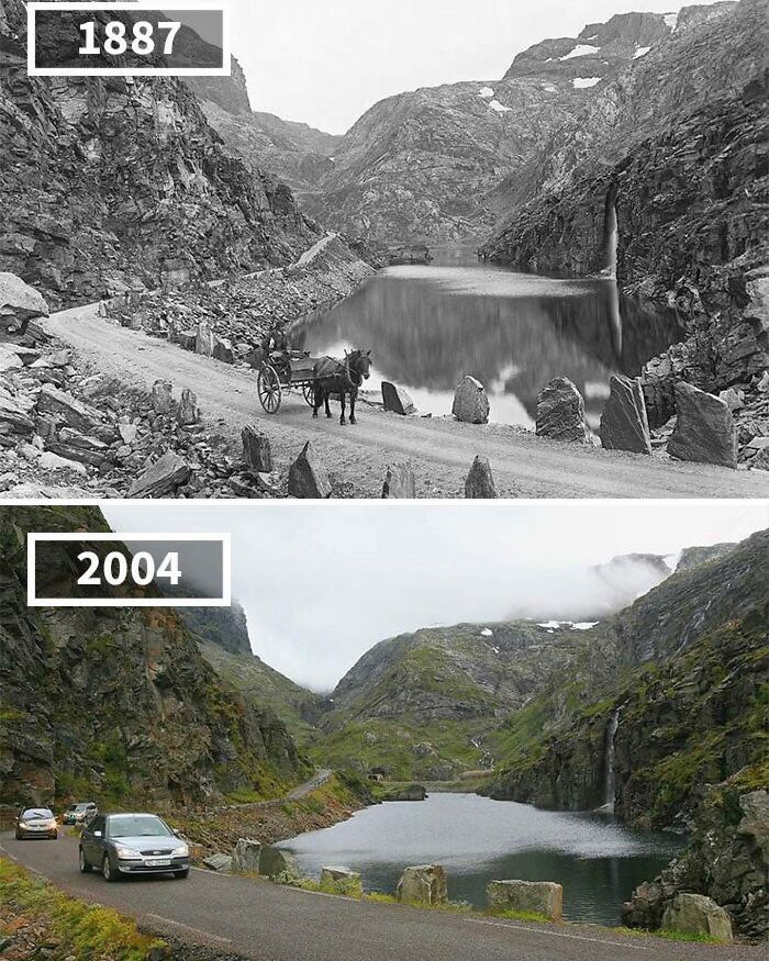 Porovnanie horskej cesty v premenách času: voz s koňom v roku 1887 a moderné autá v roku 2004.