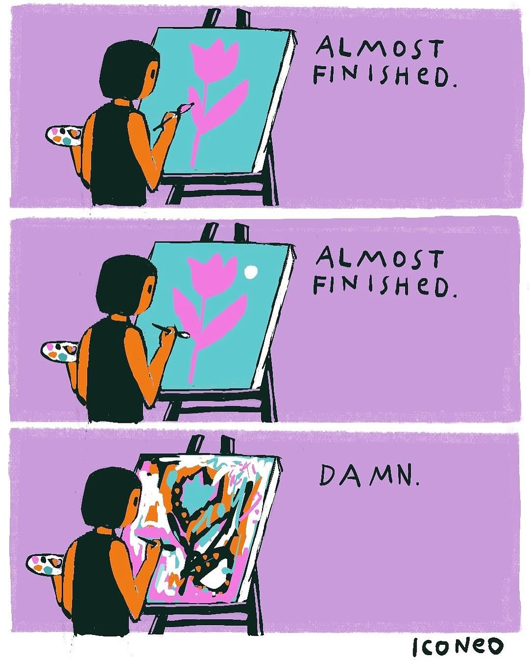 Umelec maľuje kvety, ale náhodou maľbu pokazí.