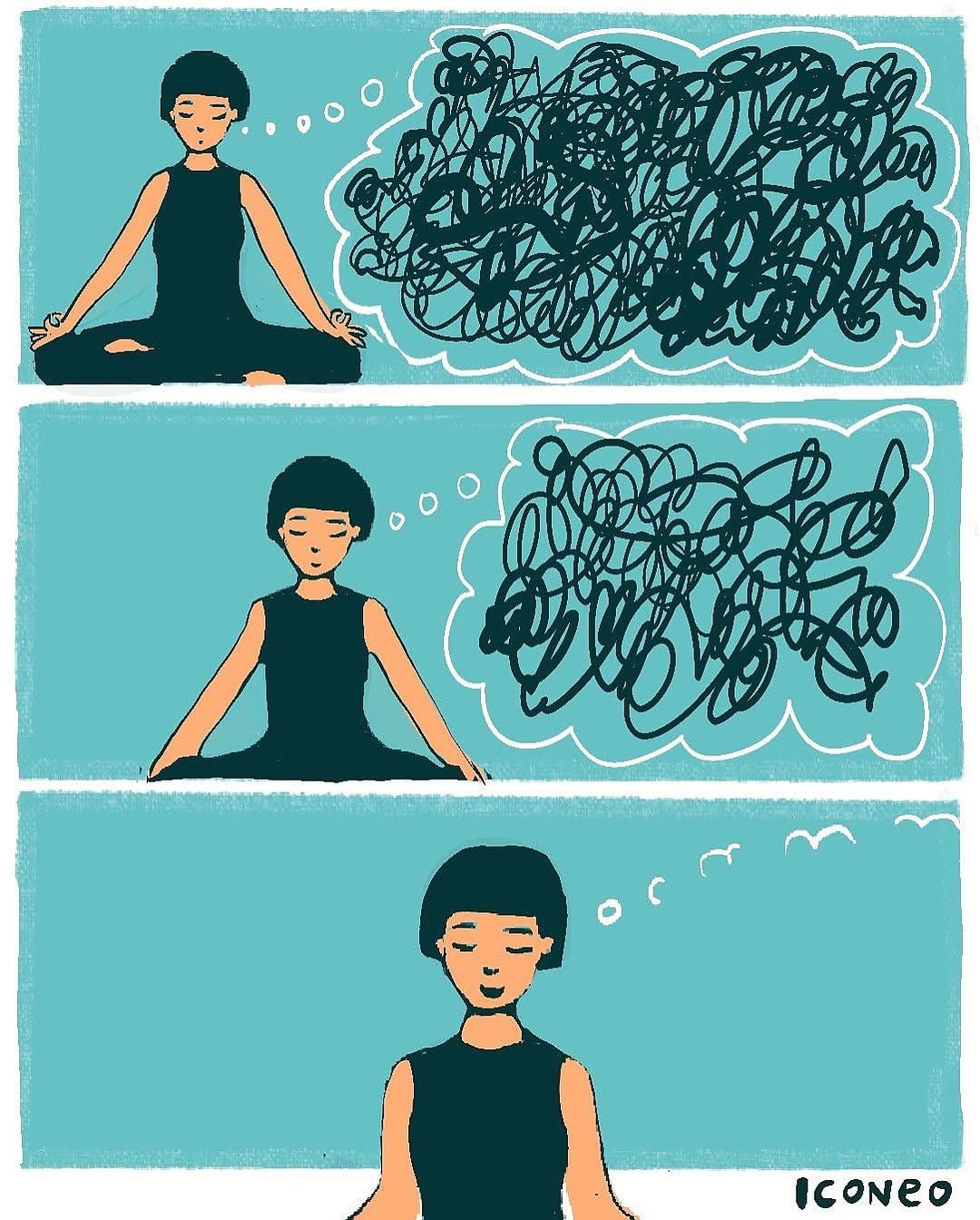 Osoba medituje a postupne dosahuje vnútorný pokoj, prechádza z chaosu v mysli k pokoju.