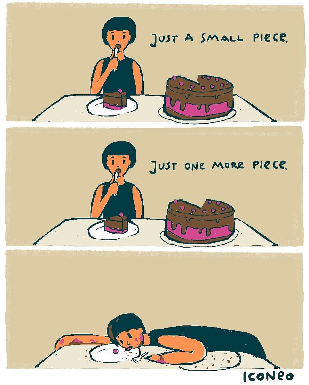 Kreslený príbeh o človeku, ktorý si postupne dáva z torty, až zaspí od prejedania na stole.