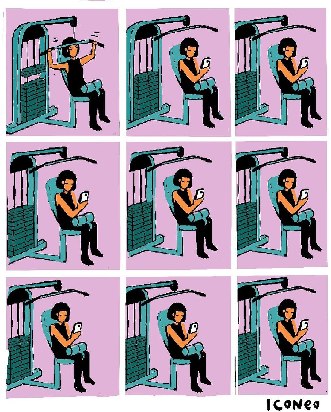 Osoba vo fitku na posilňovacom stroji s mobilom, venuje viac času telefónu než cvičeniu.