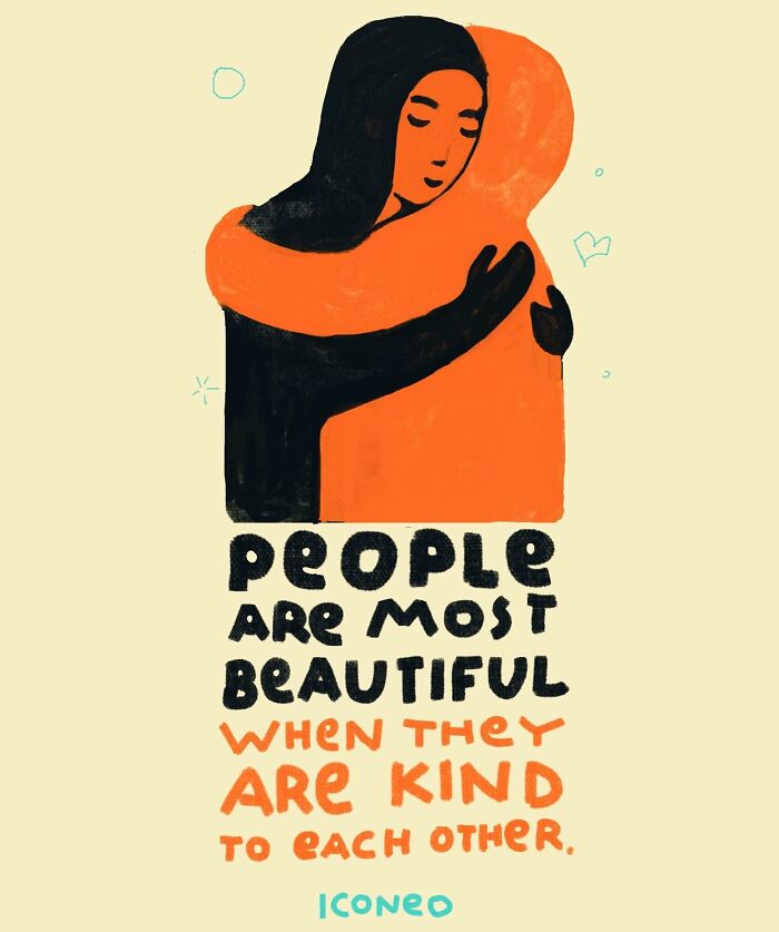 Ilustrácia dvoch objímajúcich sa postáv s textom o kráse ľudskosti a láskavosti.