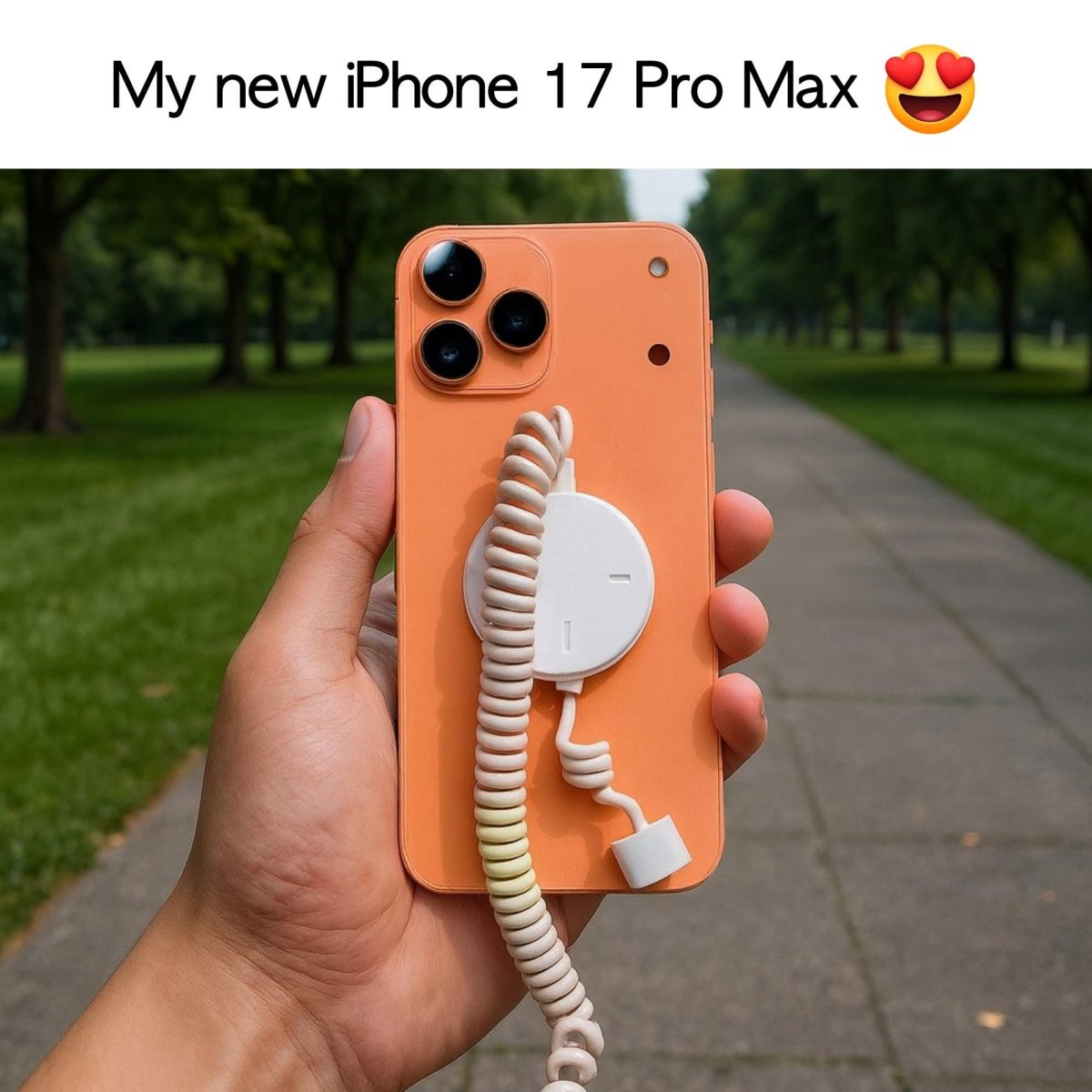 Orange smartfón s kamerami a špirálovým káblom v ruke, park v pozadí.