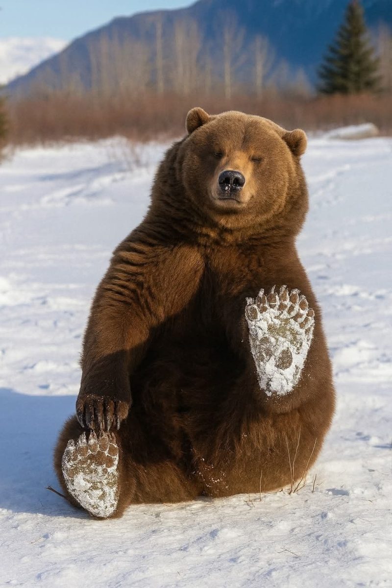 Medveď si oddychuje v snehu v zimnej krajine, les a hory v pozadí.