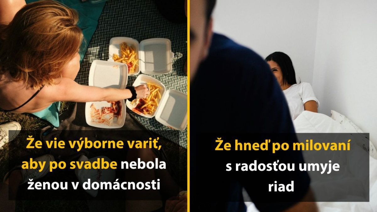 Dvaja ľudia, jedlo z fast foodu a ženský pár oddychuje na posteli. Texty naznačujú humor v bežných situáciách.