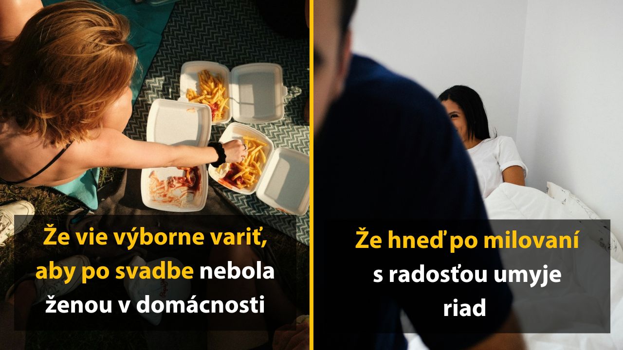 Dvaja ľudia, jedlo z fast foodu a ženský pár oddychuje na posteli. Texty naznačujú humor v bežných situáciách.