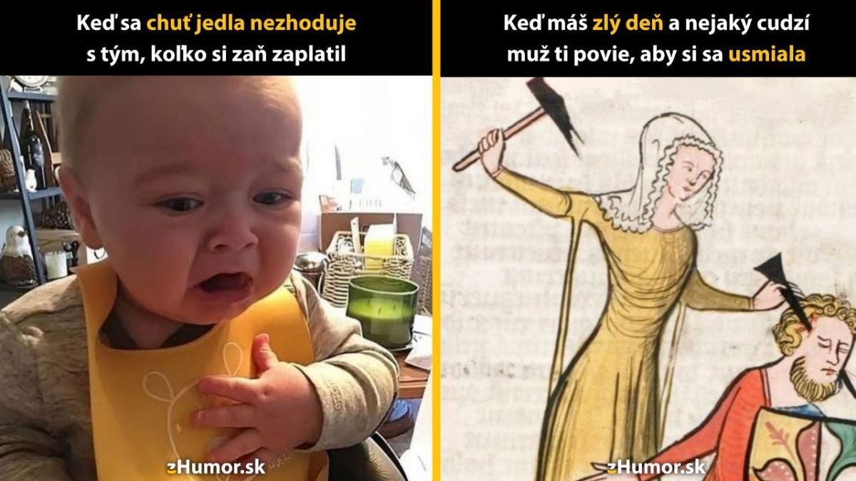 Dieťa s nechutnou tvárou; historická žena zvedajúca zbraň. Text: Keď sa chuť jedla nezhoduje s cenou.