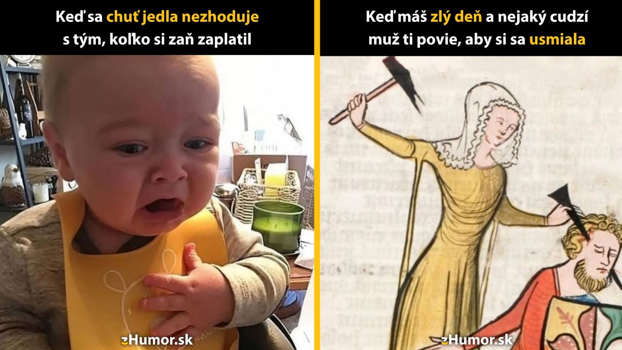 Dieťa s nechutnou tvárou; historická žena zvedajúca zbraň. Text: Keď sa chuť jedla nezhoduje s cenou.