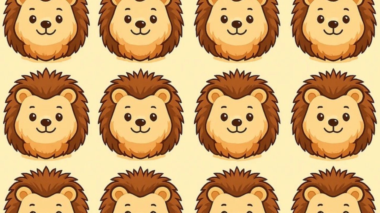 Opakujúci sa vzor roztomilých levích tvárí v kreslenom štýle na svetlom pozadí.