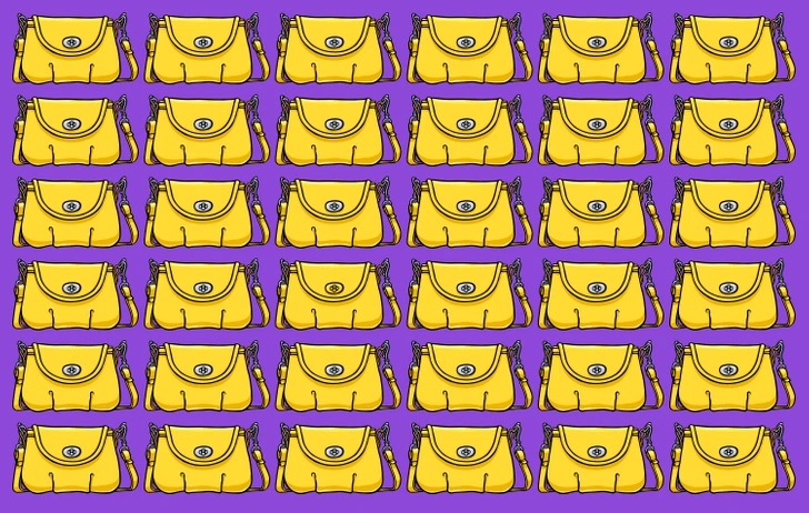 Opakujúci sa vzor žltých kabeliek na fialovom pozadí, navrhnuté ako elegantné a štýlové módne doplnky.