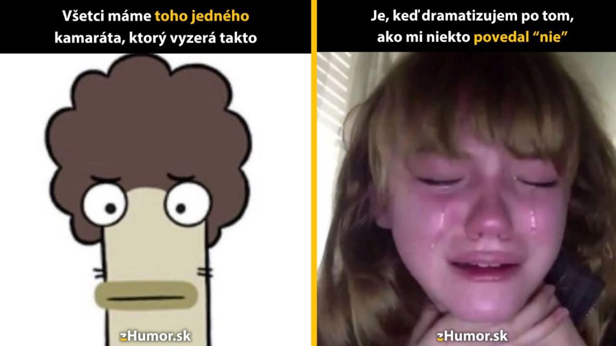 Kreslená postava s veľkými očami vedľa uplakanej osoby; text o dramatizovaní odmietnutia.